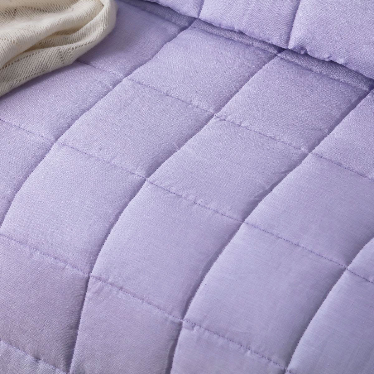 Lilac French Linen Coverlet Set featuring quilted squares design, includes coverlet and two pillowcases, perfect for queen-sized beds.