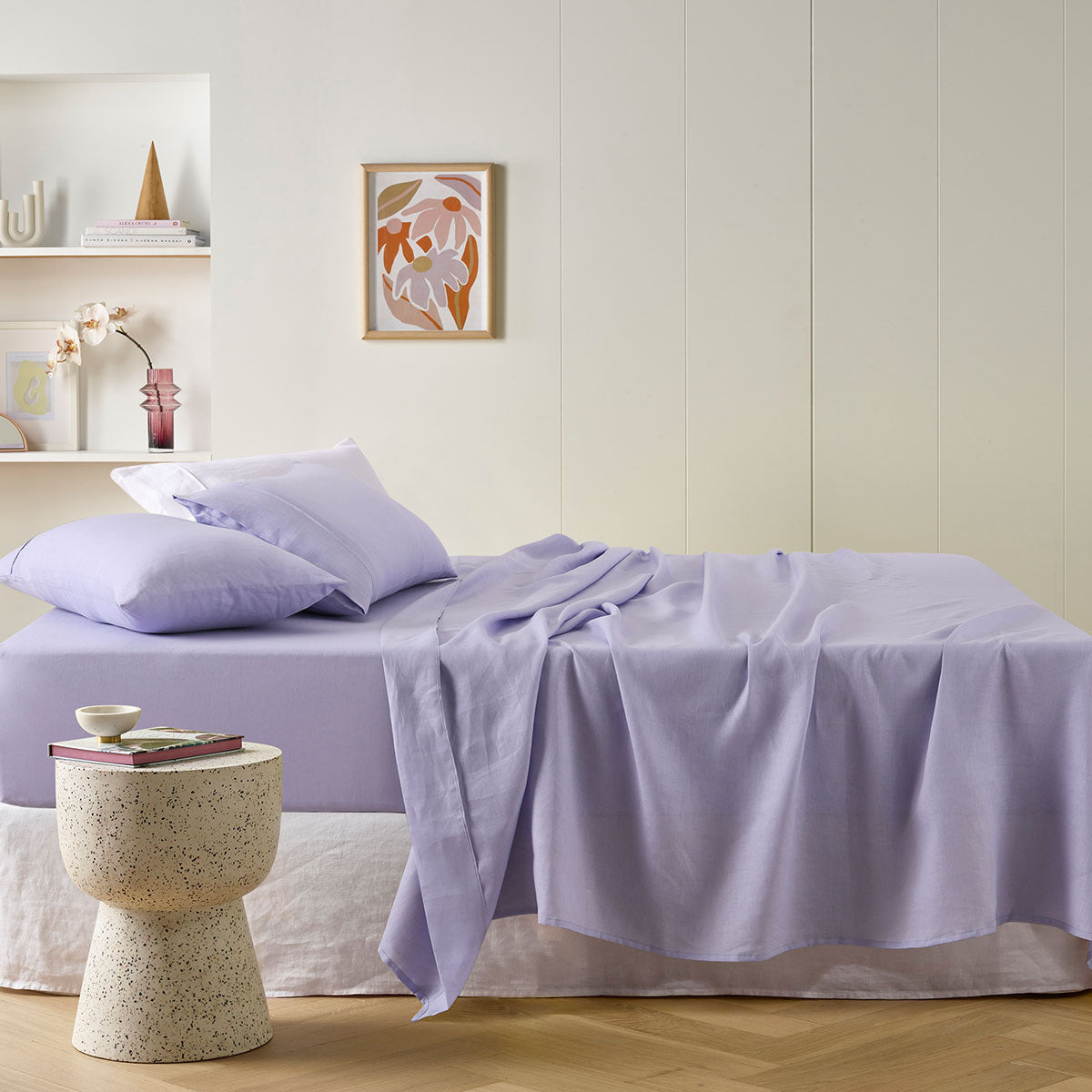Lilac French Linen Sheet Set Queen by Vintage Design Homewares, featuring a flat sheet, fitted sheet, and pillowcases in a stylish linen bag.