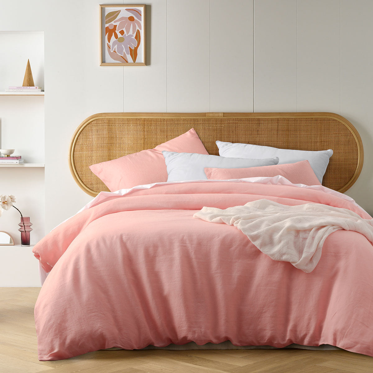 Peach French Linen Quilt Cover Set by Vintage Design Homewares, featuring a soft peach color and elegant design, perfect for king-sized beds.