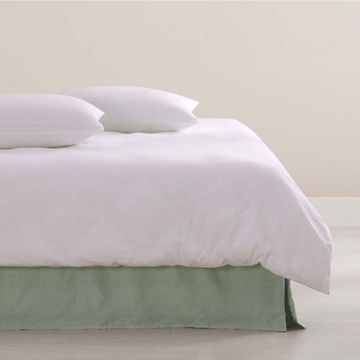 Sage French Linen Valance for super king bed, showcasing elegant solid color design and quality linen fabric.