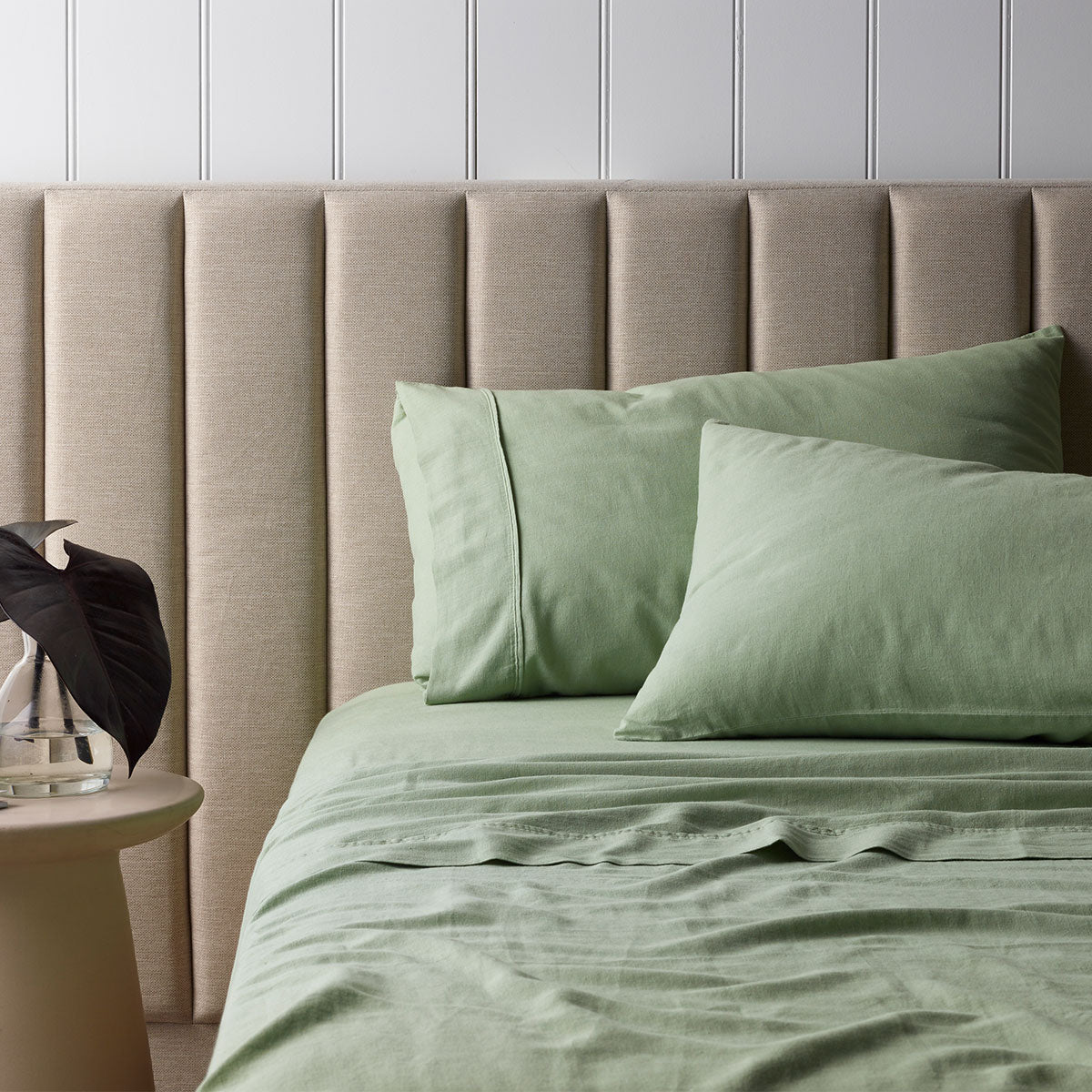 Sage Vintage Washed Linen Cotton Blend Sheet Set featuring a flat sheet, fitted sheet, and pillowcase in a minimalist design.
