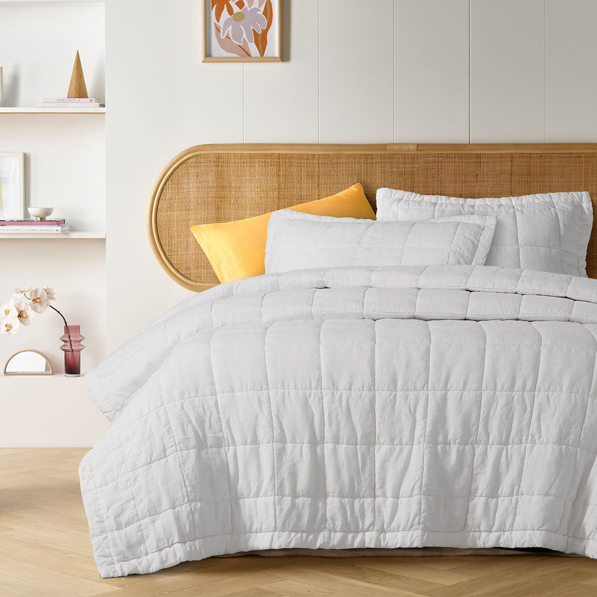 Vintage Design Homewares White French Linen Coverlet Set King with quilted pillowcases, showcasing elegant design and luxurious fabric.