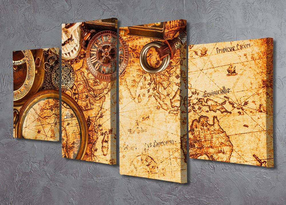 Vintage grunge still life artwork displayed as a 4-split panel canvas, showcasing a cohesive design with rich textures and muted colors.