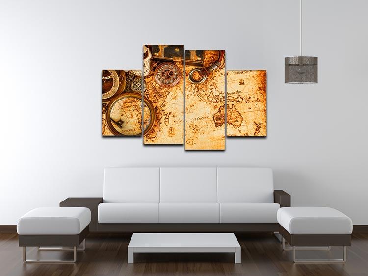 Vintage grunge still life artwork displayed as a 4-split panel canvas, showcasing a cohesive design with rich textures and muted colors.