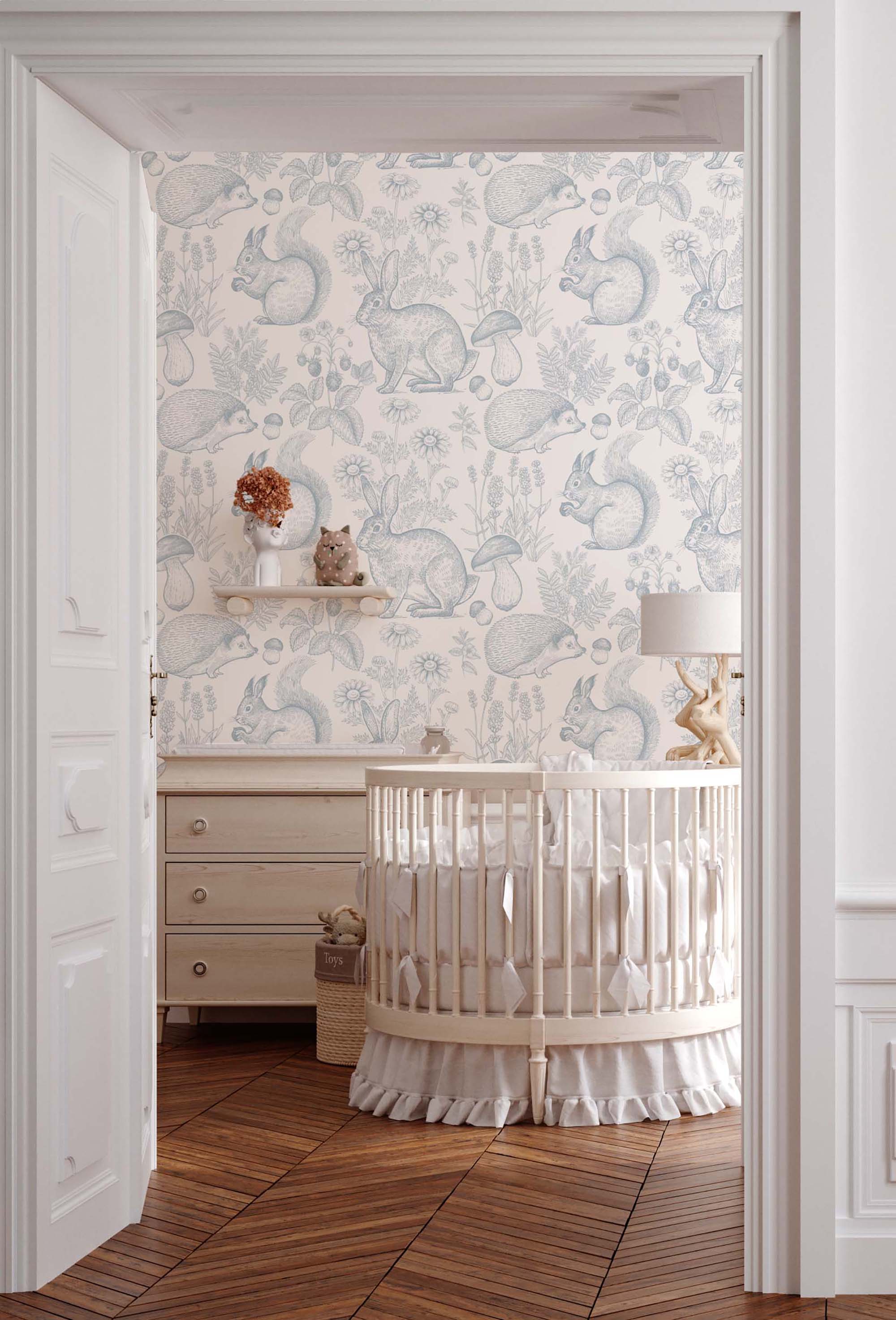 Vintage woodland animals wallpaper featuring rabbits, porcupines, and squirrels in a serene forest setting.