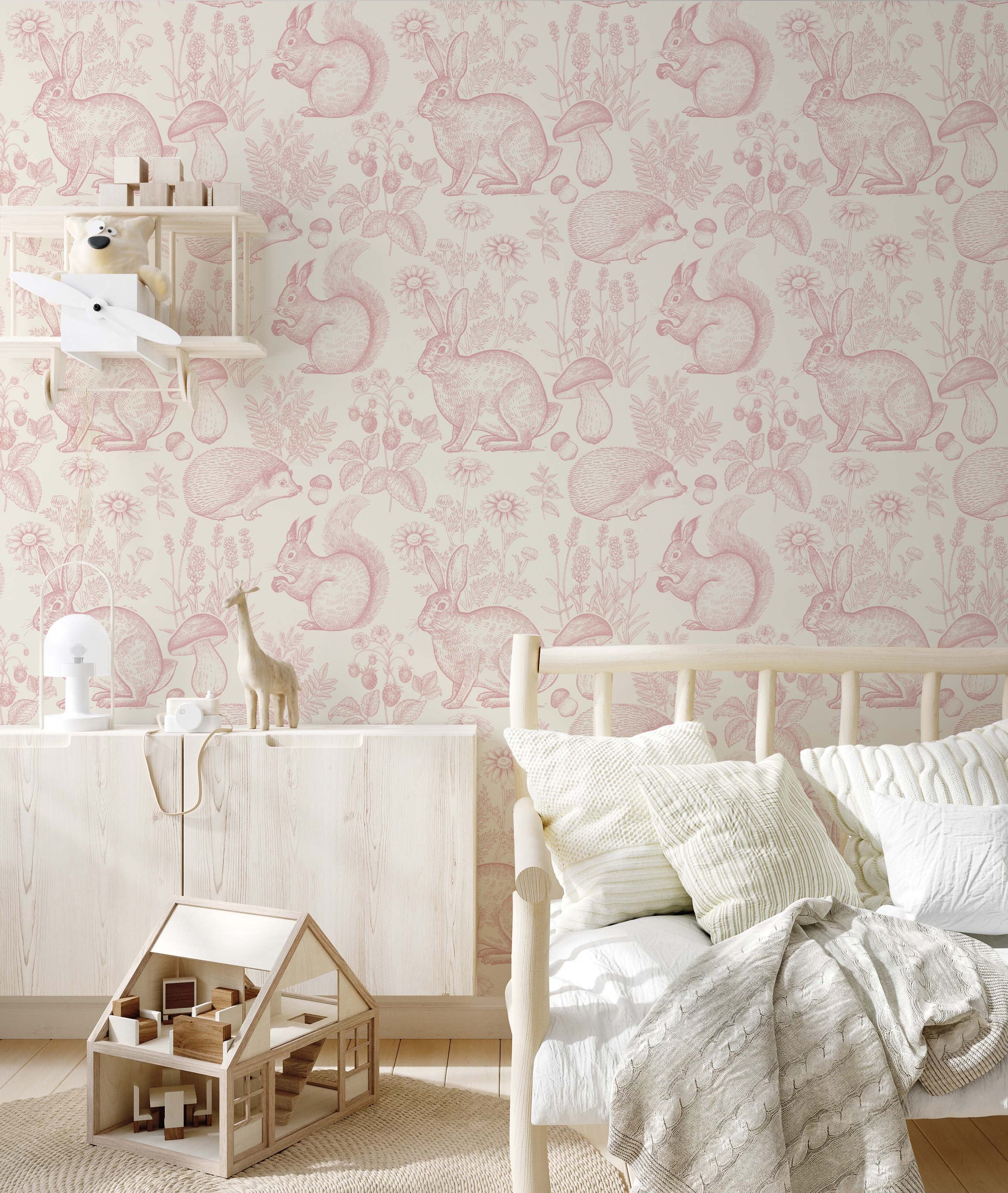 Vintage woodland animals wallpaper featuring rabbits, porcupines, and squirrels in a serene forest setting.