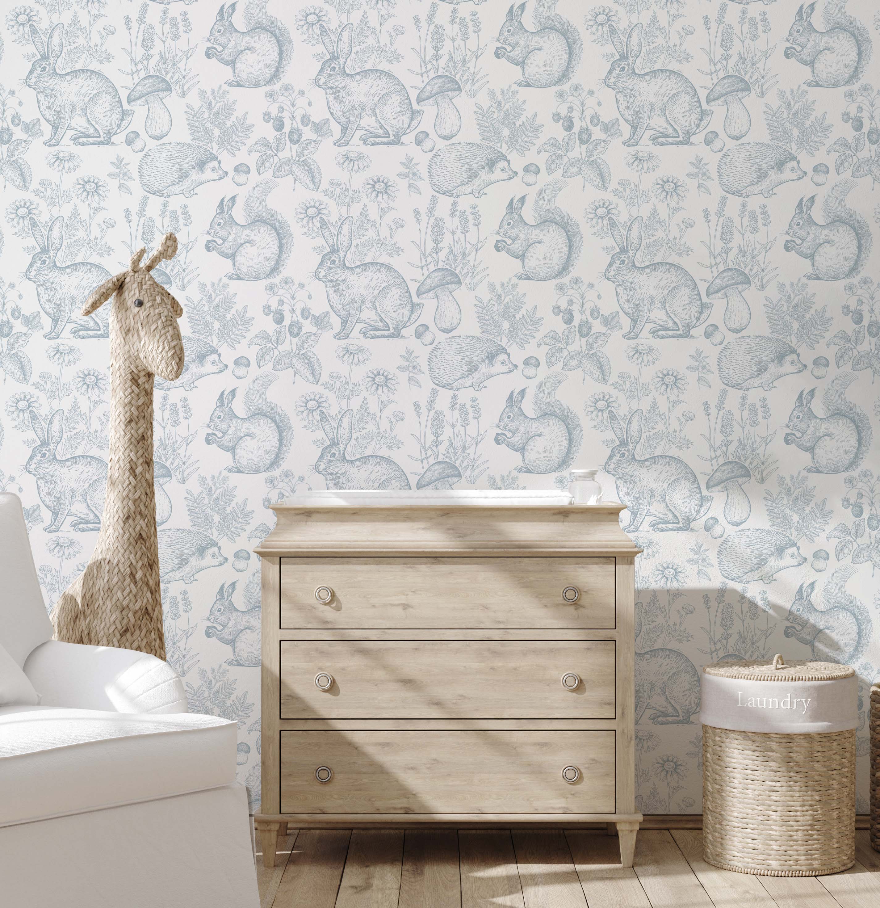 Vintage woodland animals wallpaper featuring rabbits, porcupines, and squirrels in a serene forest setting.