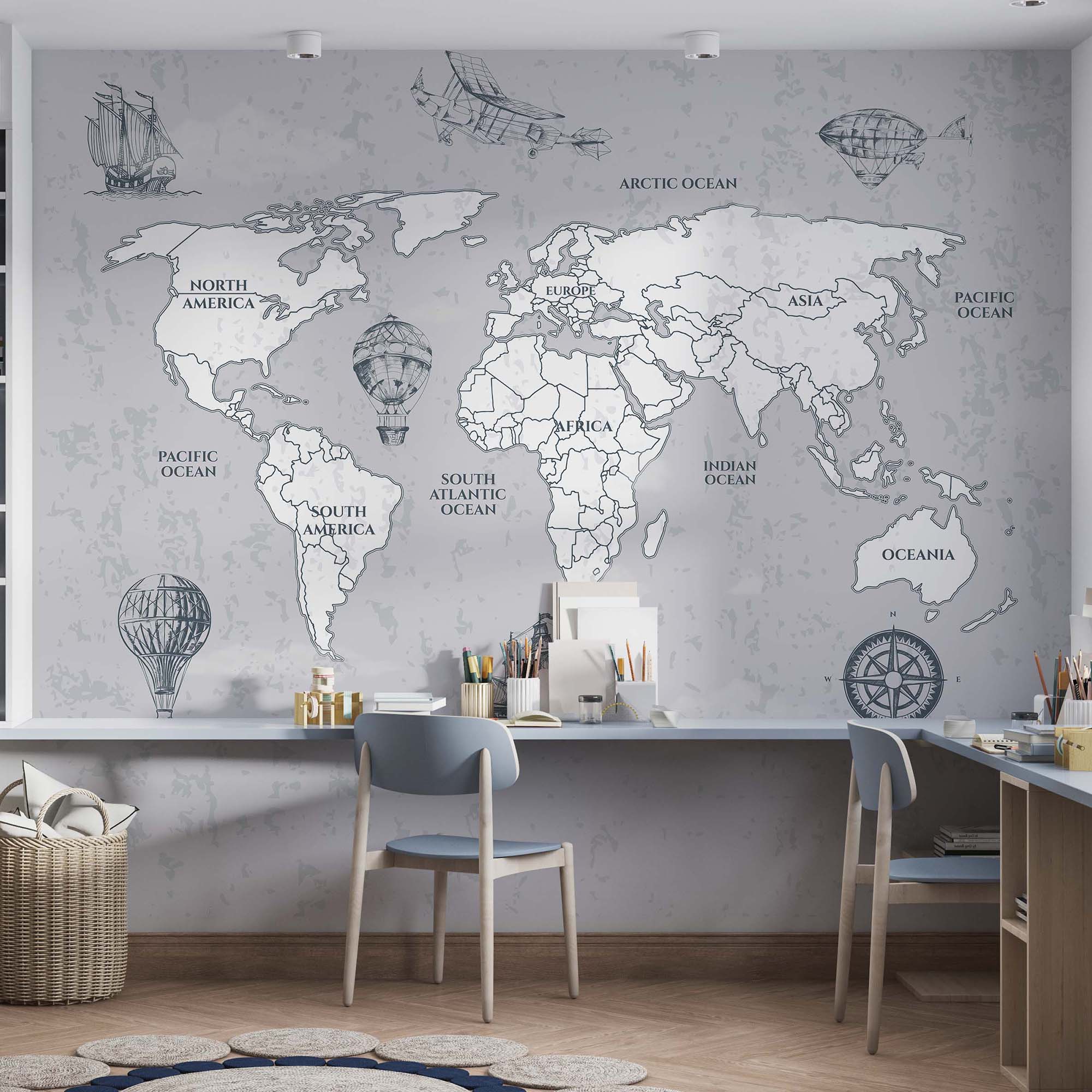 Vintage World Map Wallpaper Mural in elegant grey and white, showcasing intricate historical details.