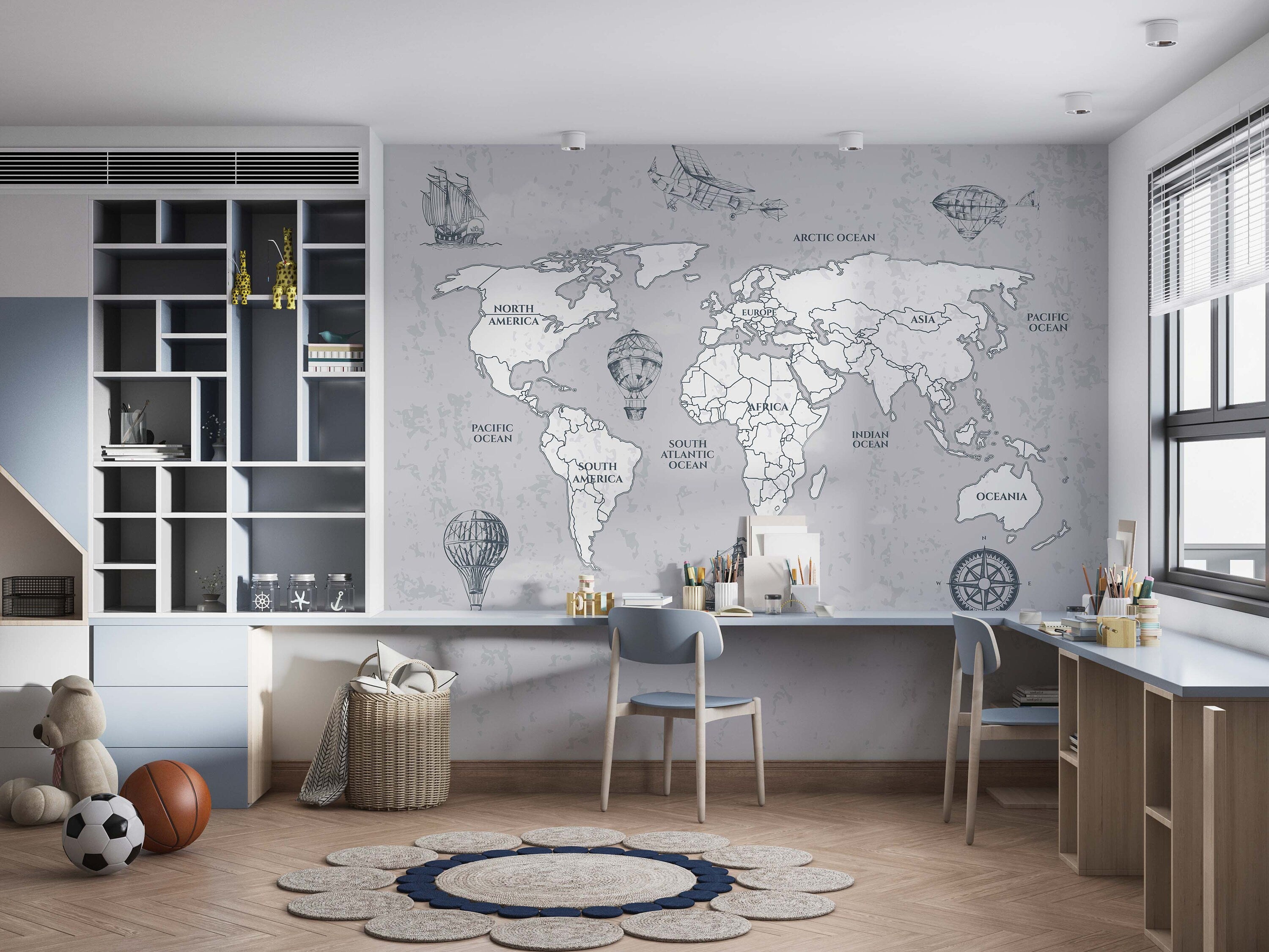 Vintage World Map Wallpaper Mural in elegant grey and white, showcasing intricate historical details.