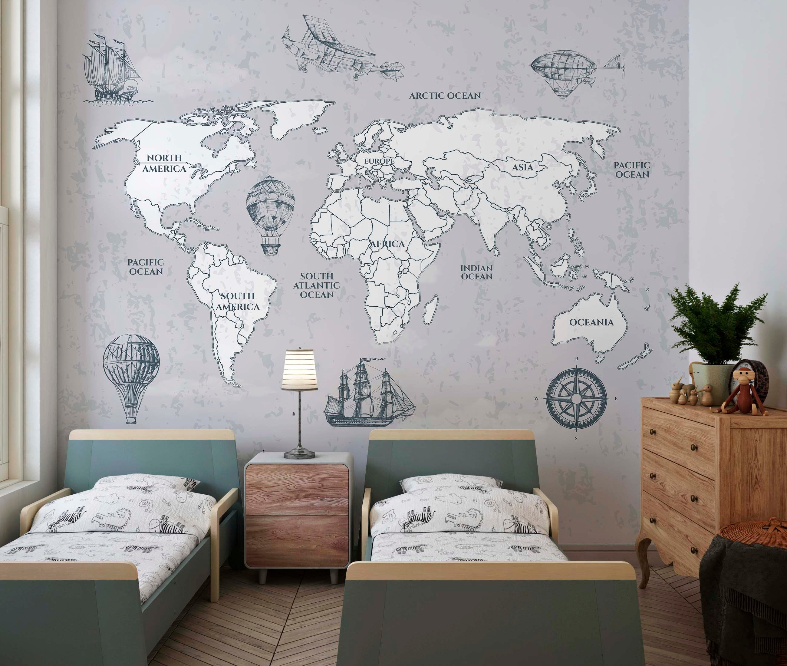 Vintage World Map Wallpaper Mural in elegant grey and white, showcasing intricate historical details.