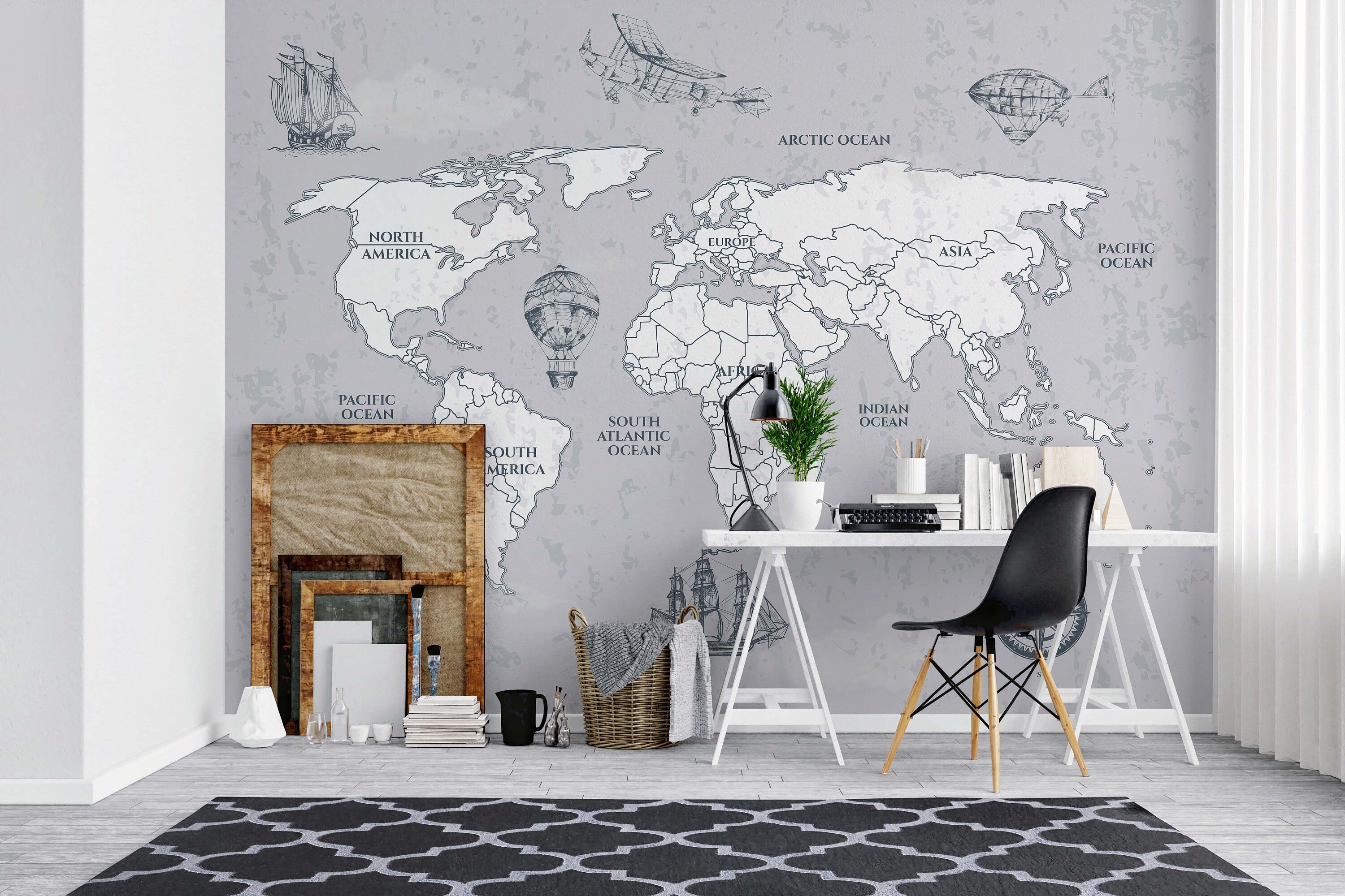 Vintage World Map Wallpaper Mural in elegant grey and white, showcasing intricate historical details.