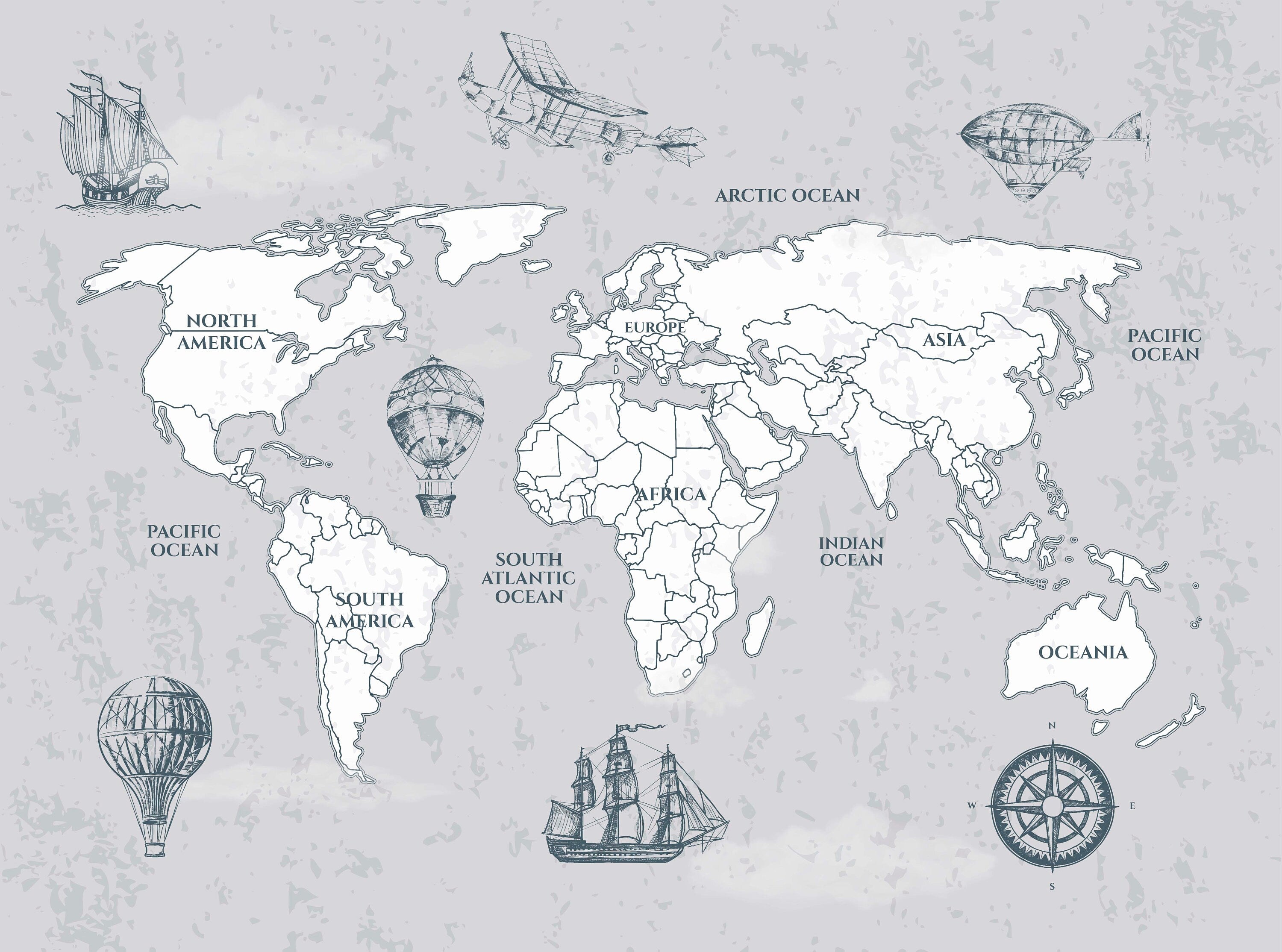 Vintage World Map Wallpaper Mural in elegant grey and white, showcasing intricate historical details.