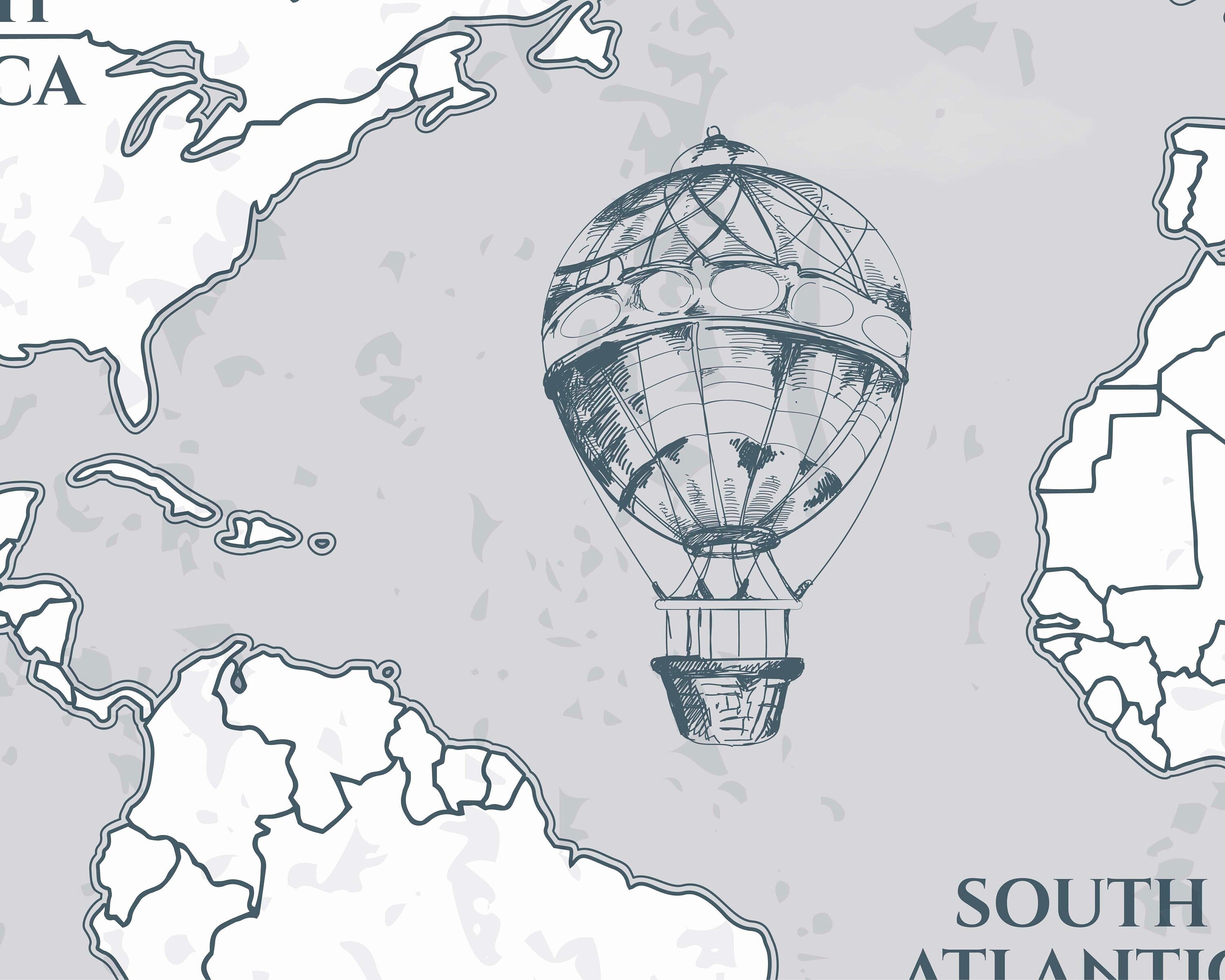 Vintage World Map Wallpaper Mural in elegant grey and white, showcasing intricate historical details.