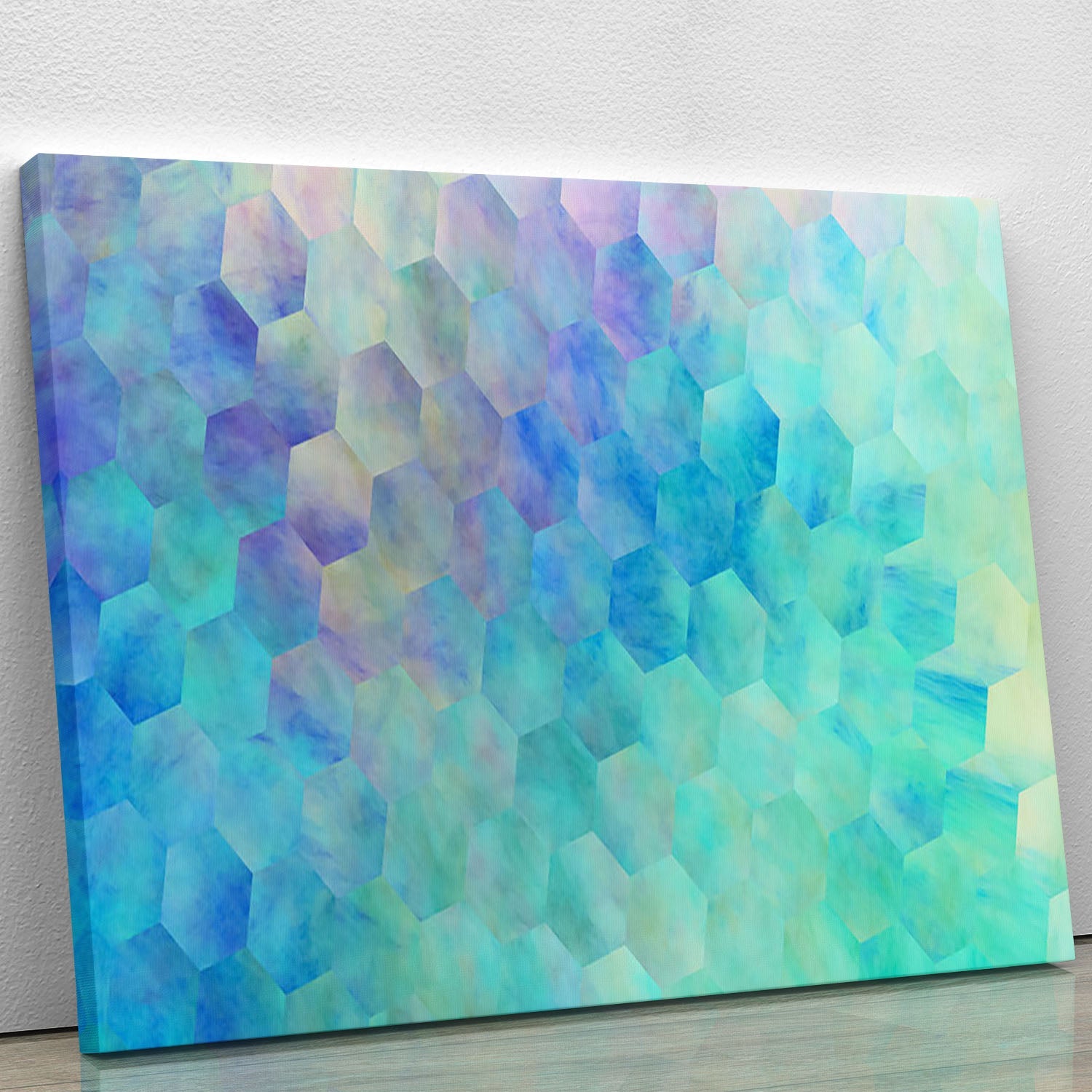 Violet and blue hexagons canvas print showcasing a modern geometric design, perfect for home or office decor.