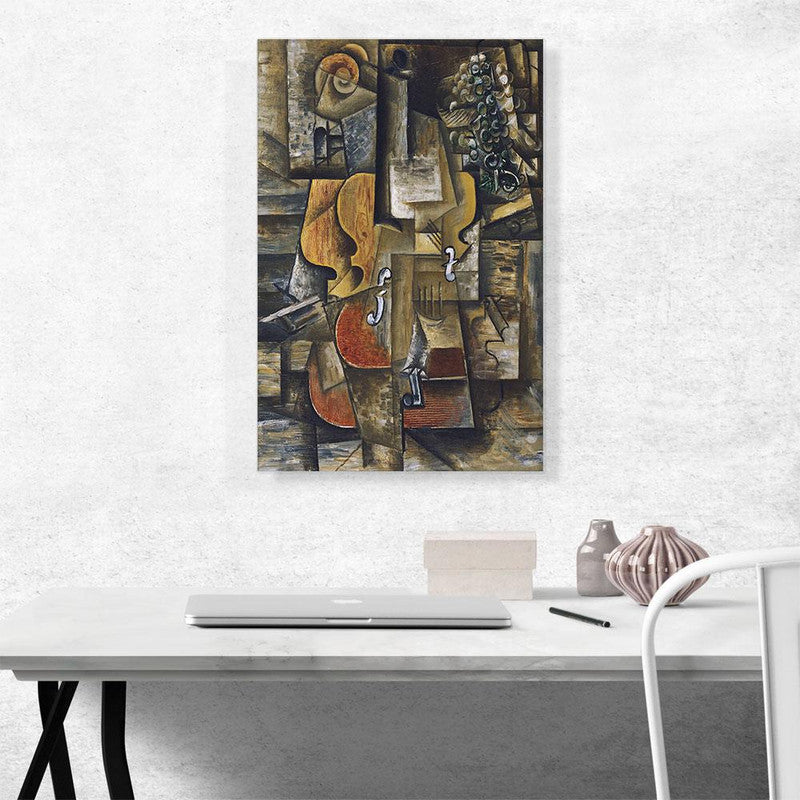 A beautiful art print featuring a violin and grapes, showcasing vibrant colors and intricate details, perfect for home decor.