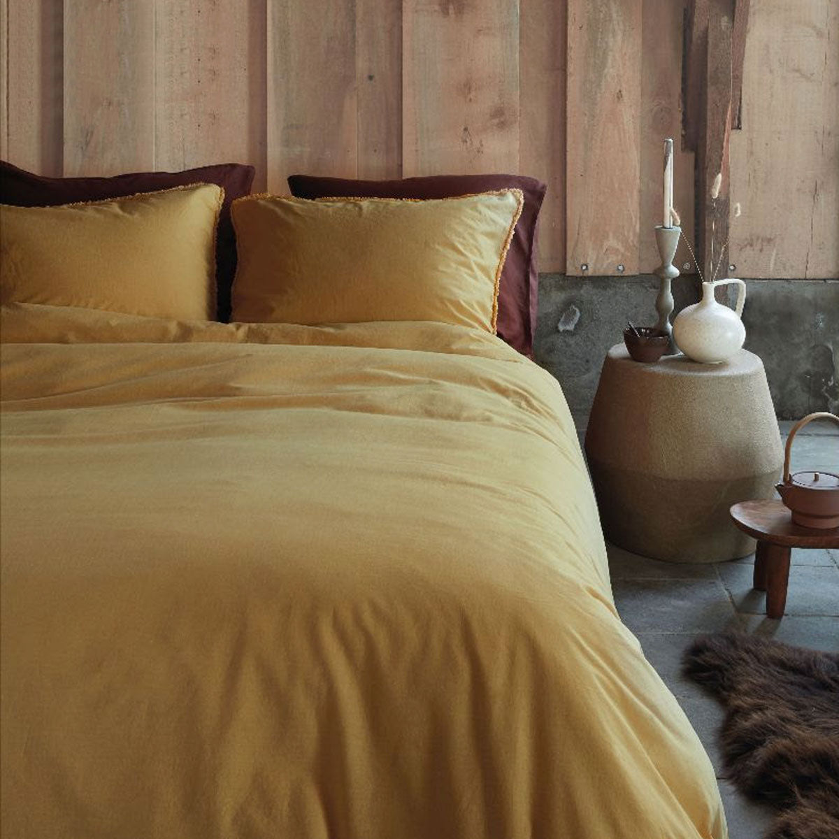 VTWonen Natural Stone Fraying Yellow Quilt Cover Set King featuring a soft yellow color and cotton fabric, perfect for elegant bedroom decor.