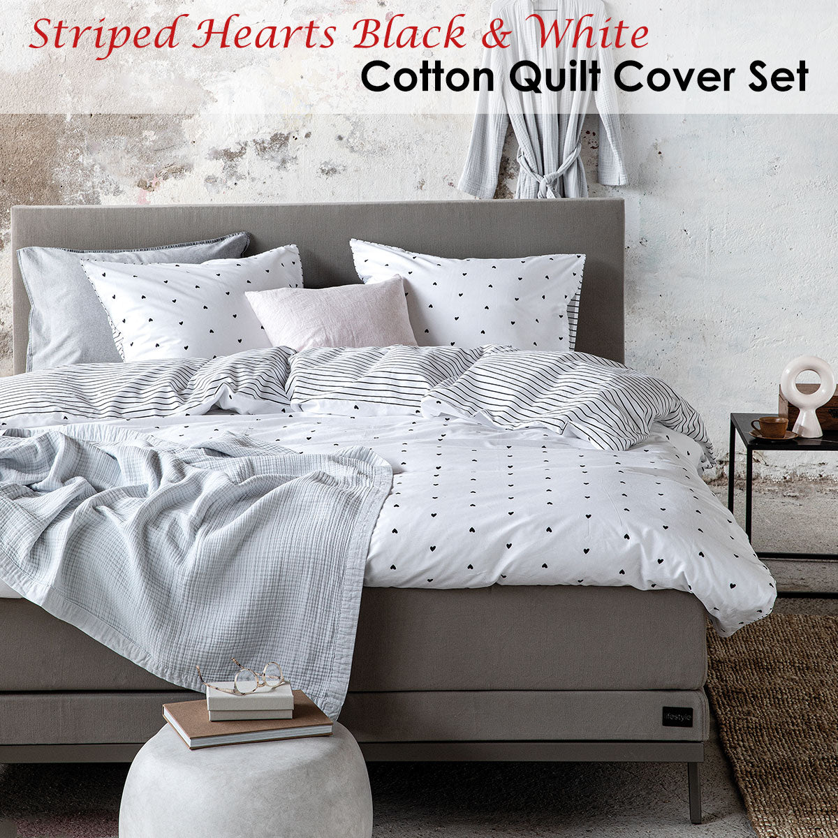 VTWonen Striped Hearts Black & White Cotton Quilt Cover Set featuring reversible heart and striped designs, perfect for king-sized beds.