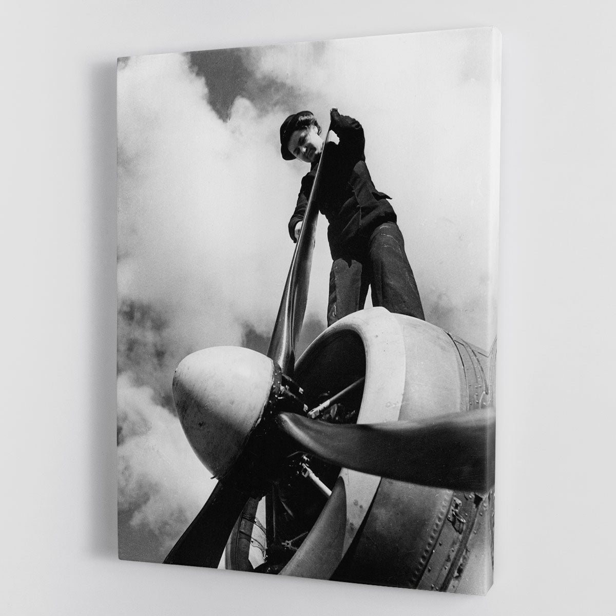 Canvas print of WW2 Oiling the Propeller Blade, showcasing detailed aviation art.