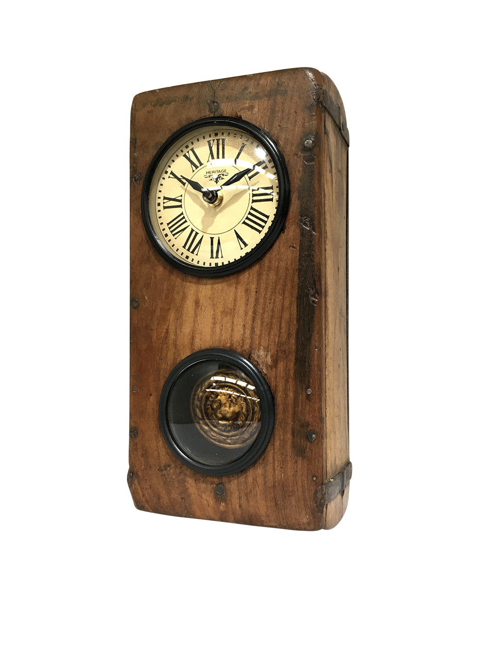 Handcrafted Brick Mould Wall Clock with Pendulum, featuring an antique finish and unique design.