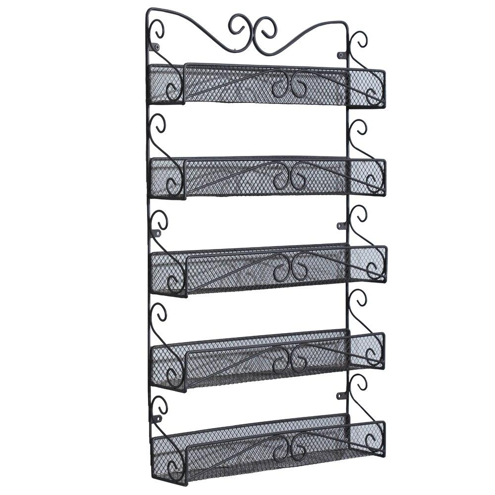 Wall Mounted Spice Rack Organizer with 5 tiers in black metal, ideal for kitchen storage.