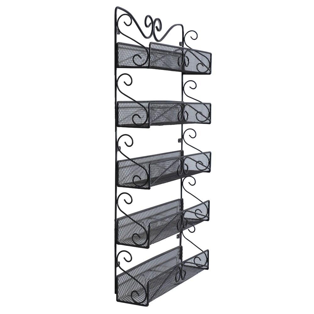 Wall Mounted Spice Rack Organizer with 5 tiers in black metal, ideal for kitchen storage.