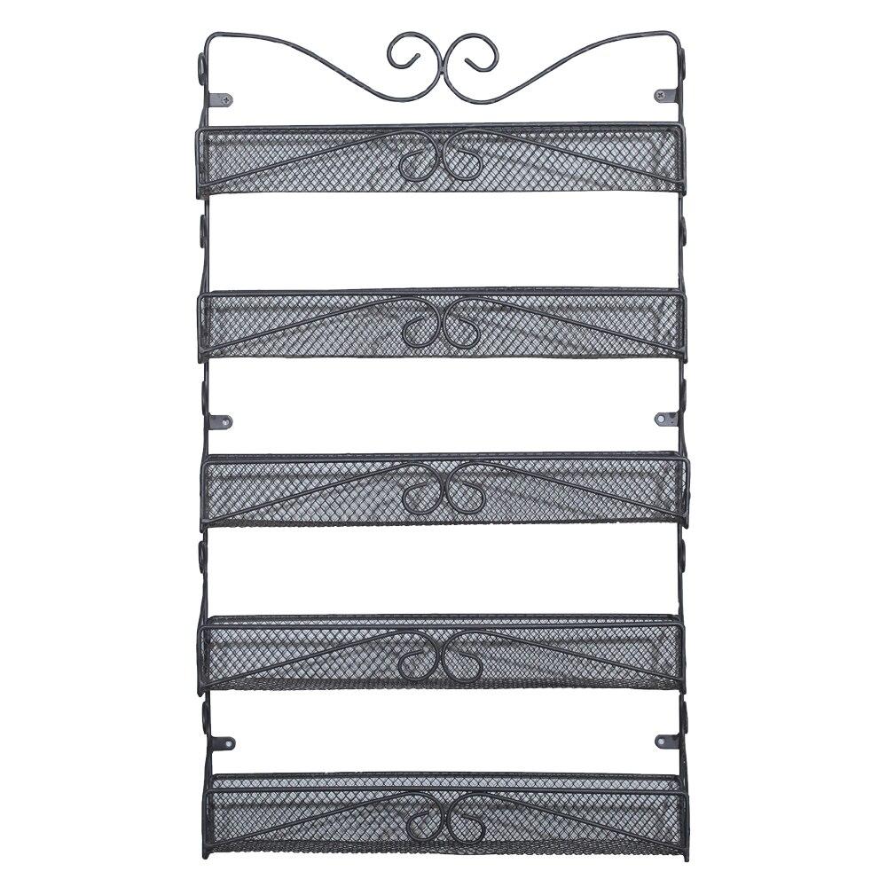 Wall Mounted Spice Rack Organizer with 5 tiers in black metal, ideal for kitchen storage.