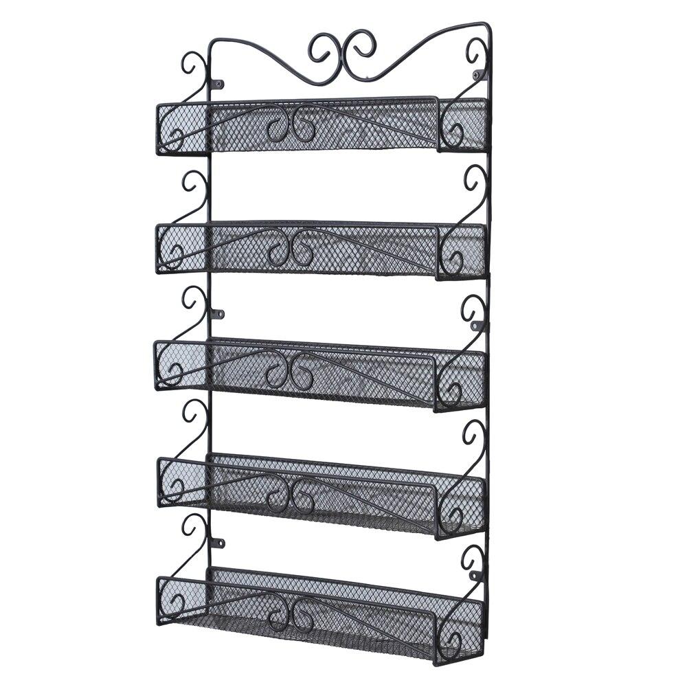 Wall Mounted Spice Rack Organizer with 5 tiers in black metal, ideal for kitchen storage.
