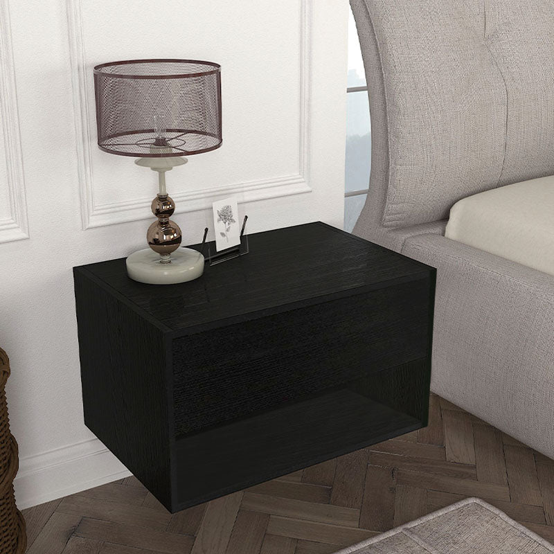 Set of two black wall-mounted nightstands AMADEO, featuring a sleek melamine finish and modern design.