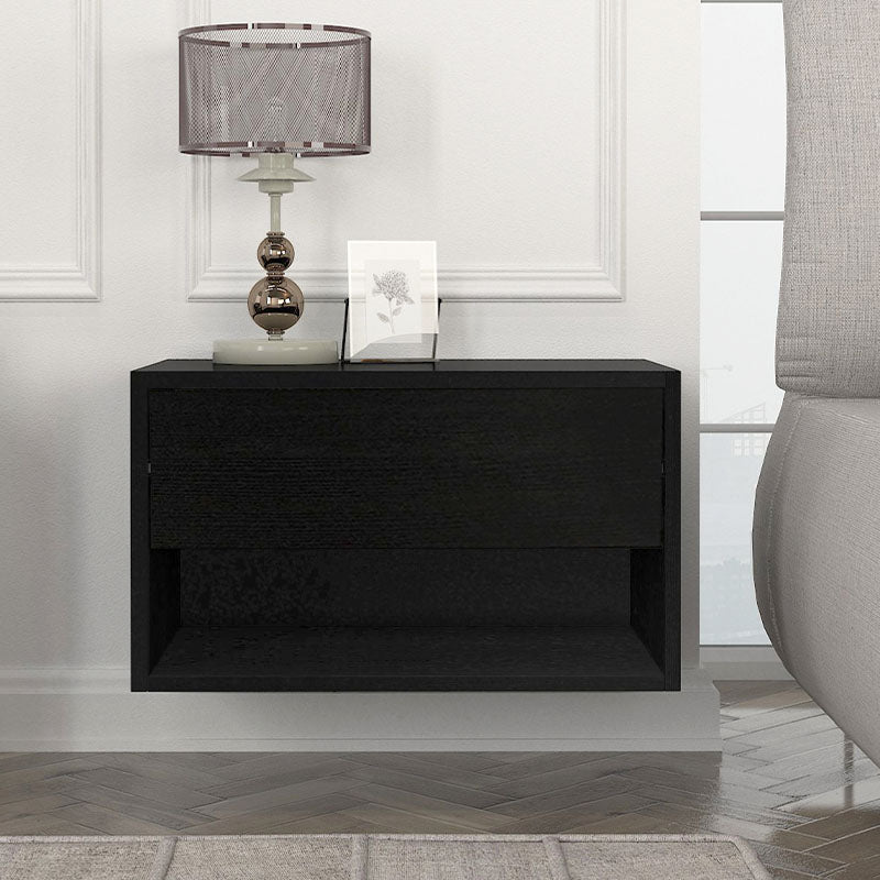 Set of two black wall-mounted nightstands AMADEO, featuring a sleek melamine finish and modern design.
