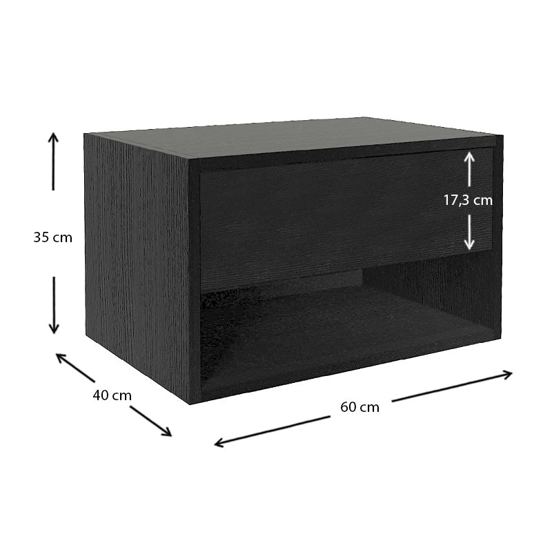 Set of two black wall-mounted nightstands AMADEO, featuring a sleek melamine finish and modern design.