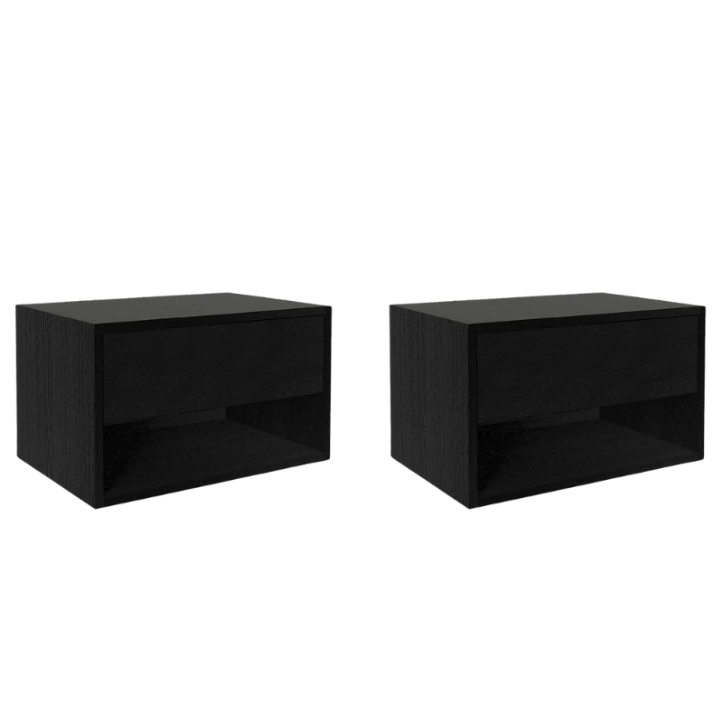 Set of two black wall-mounted nightstands AMADEO, featuring a sleek melamine finish and modern design.