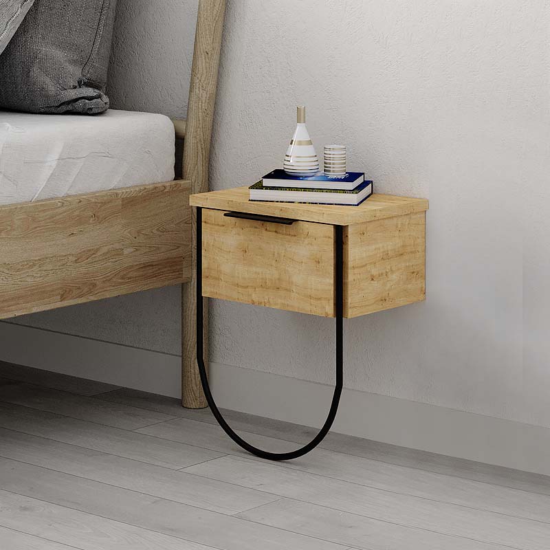 Wall Nightstand DIANA in oak finish, featuring a sleek design and sturdy metal foot, perfect for stylish storage solutions.