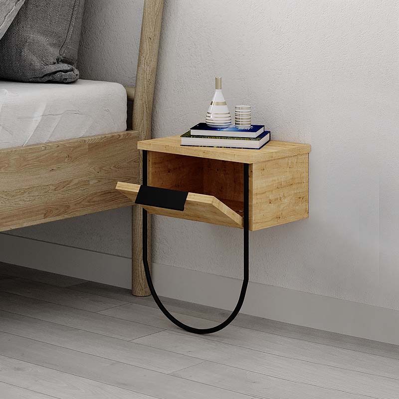 Wall Nightstand DIANA in oak finish, featuring a sleek design and sturdy metal foot, perfect for stylish storage solutions.
