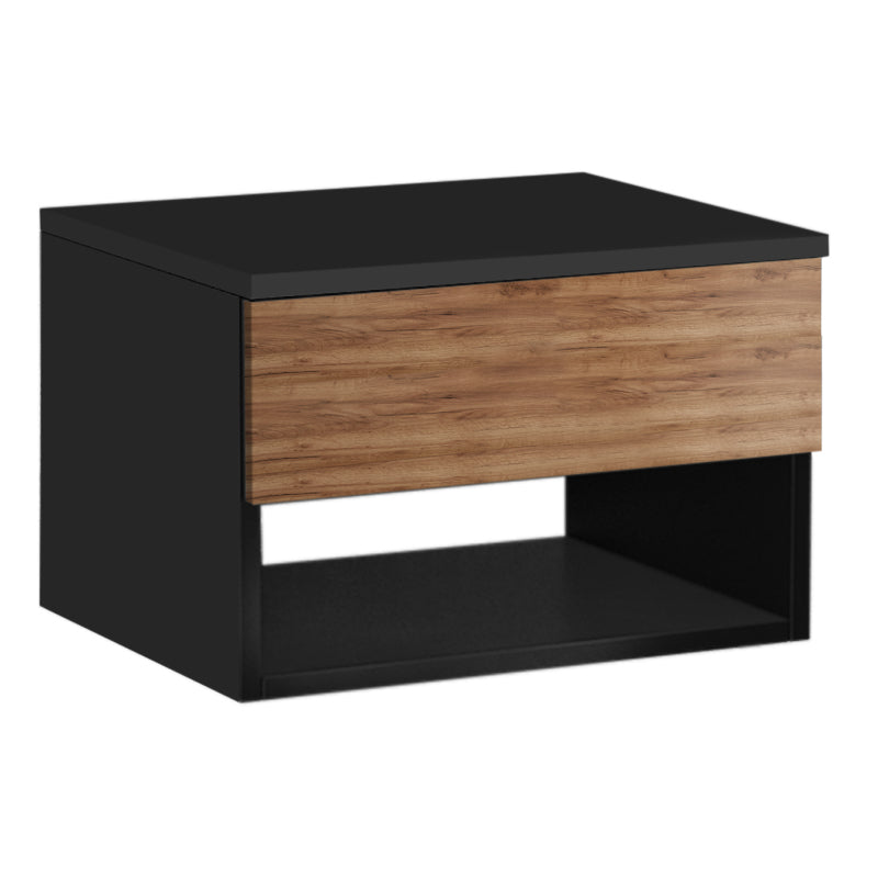 HAITI Wall Nightstand in black and light walnut, featuring one drawer and one shelf, designed for modern bedrooms.