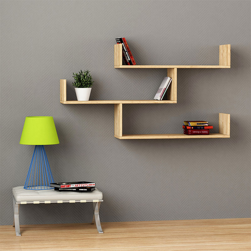 Wall Shelf LOGO Beech in oak finish with three shelves, ideal for home or office use.