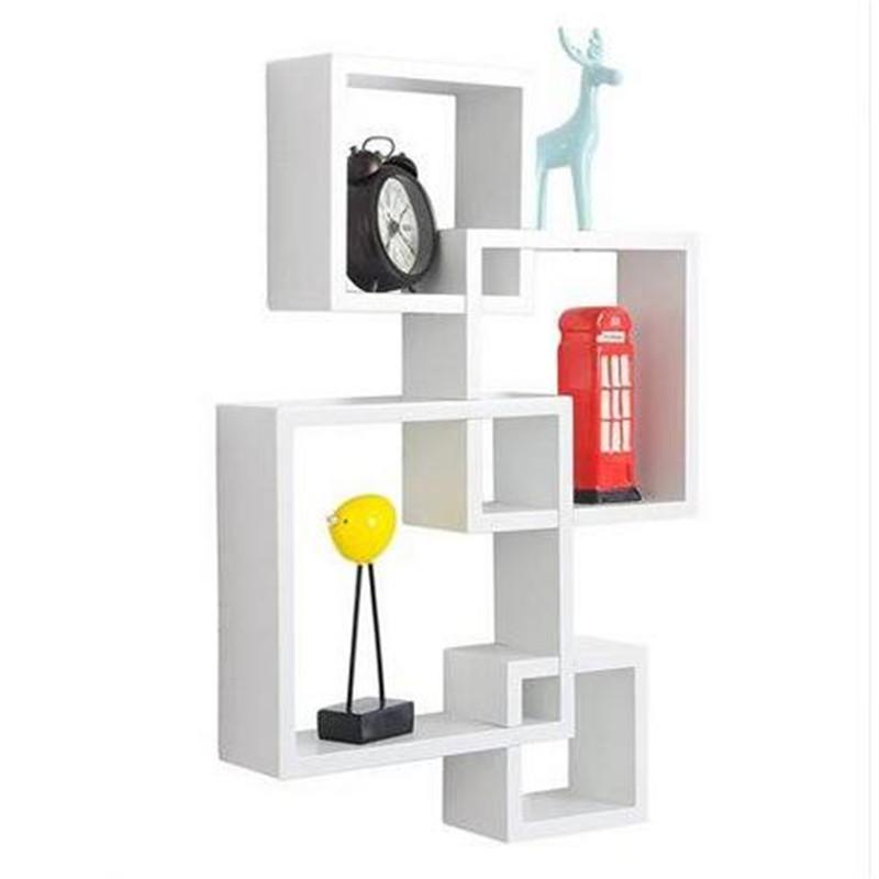 Wall Shelf Mounted Floating Set of 4 in white and black, featuring intersecting squares for decorative storage.