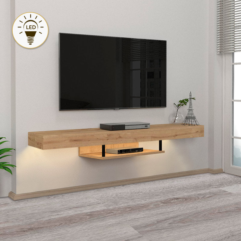 Wall-mounted CARUSSO TV stand in sapphire oak with LED lighting, showcasing modern design and functionality.