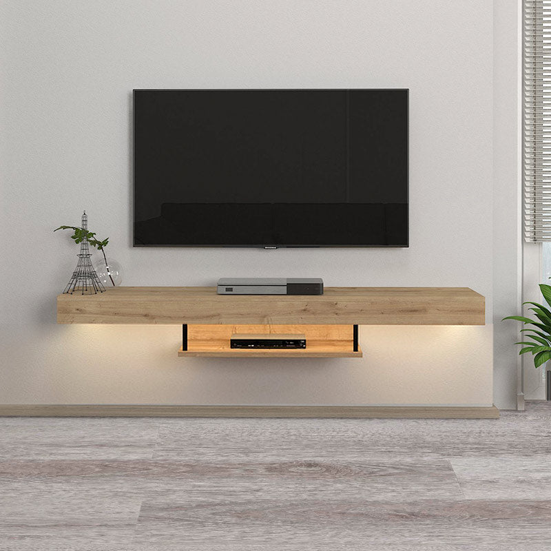 Wall-mounted CARUSSO TV stand in sapphire oak with LED lighting, showcasing modern design and functionality.