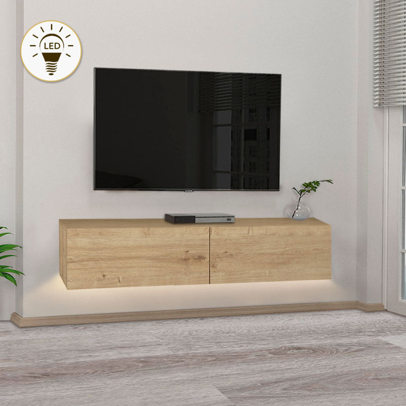 Wall-mounted TV stand STEFANO in sapphire oak with LED lighting, showcasing a modern design and elegant finish.