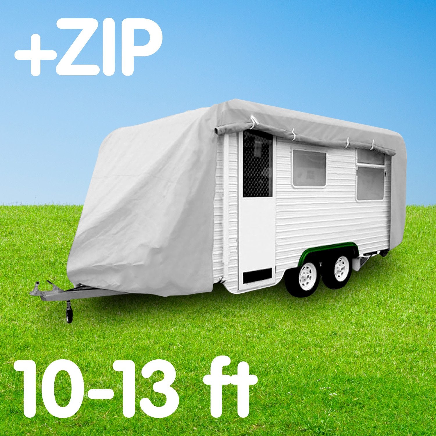 Wallaroo Caravan Cover designed for 10-13 ft campervans with side zip access, showcasing its reflective outer coating and durable construction.
