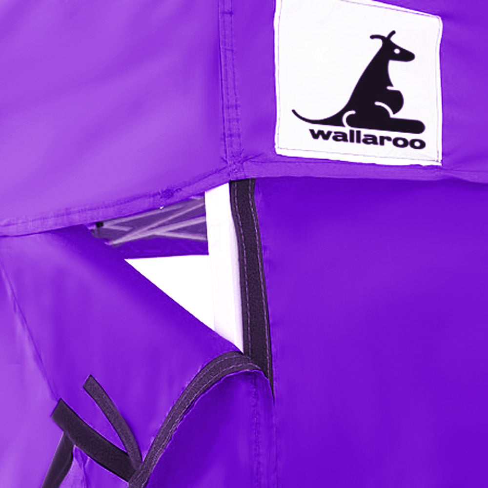 Wallaroo Gazebo Tent Marquee 3x3 in purple, showcasing its pop-up design and sturdy frame, ideal for outdoor events.