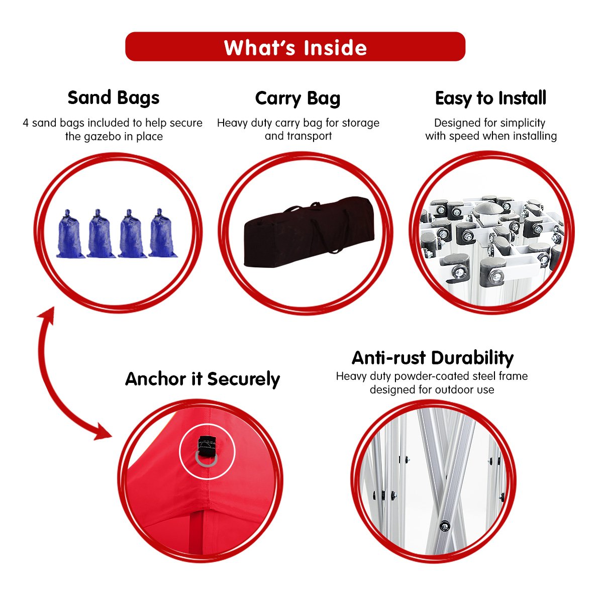 Wallaroo Gazebo Tent Marquee 3x3 in red, showcasing its sturdy frame and water-resistant roof, ideal for outdoor events.