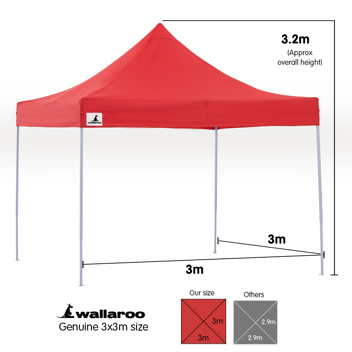 Wallaroo Gazebo Tent Marquee 3x3 in red, showcasing its sturdy frame and water-resistant roof, ideal for outdoor events.