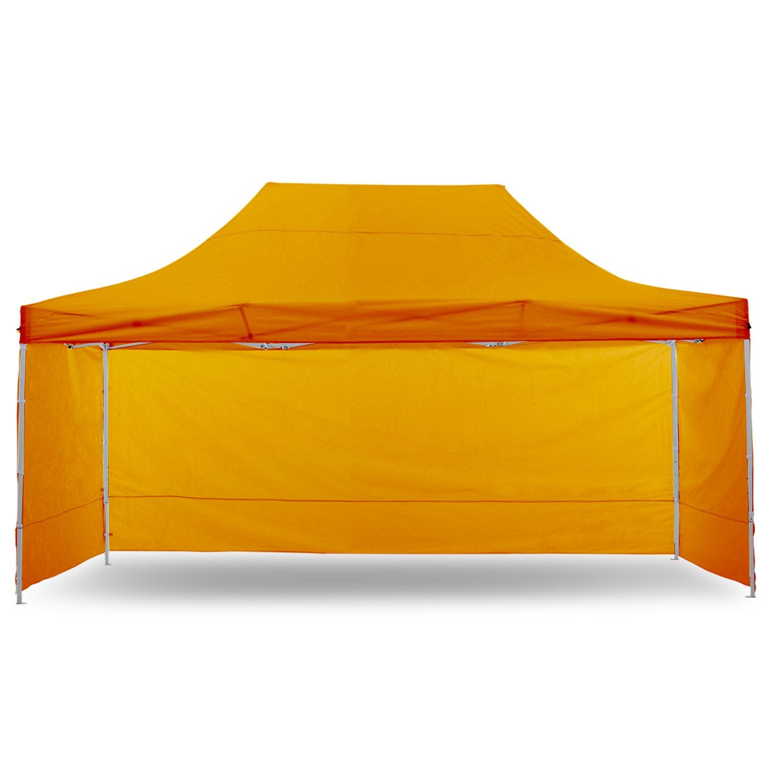 Wallaroo Gazebo Tent Marquee 3x4.5m in vibrant orange, set up outdoors with walls and sandbags for stability.