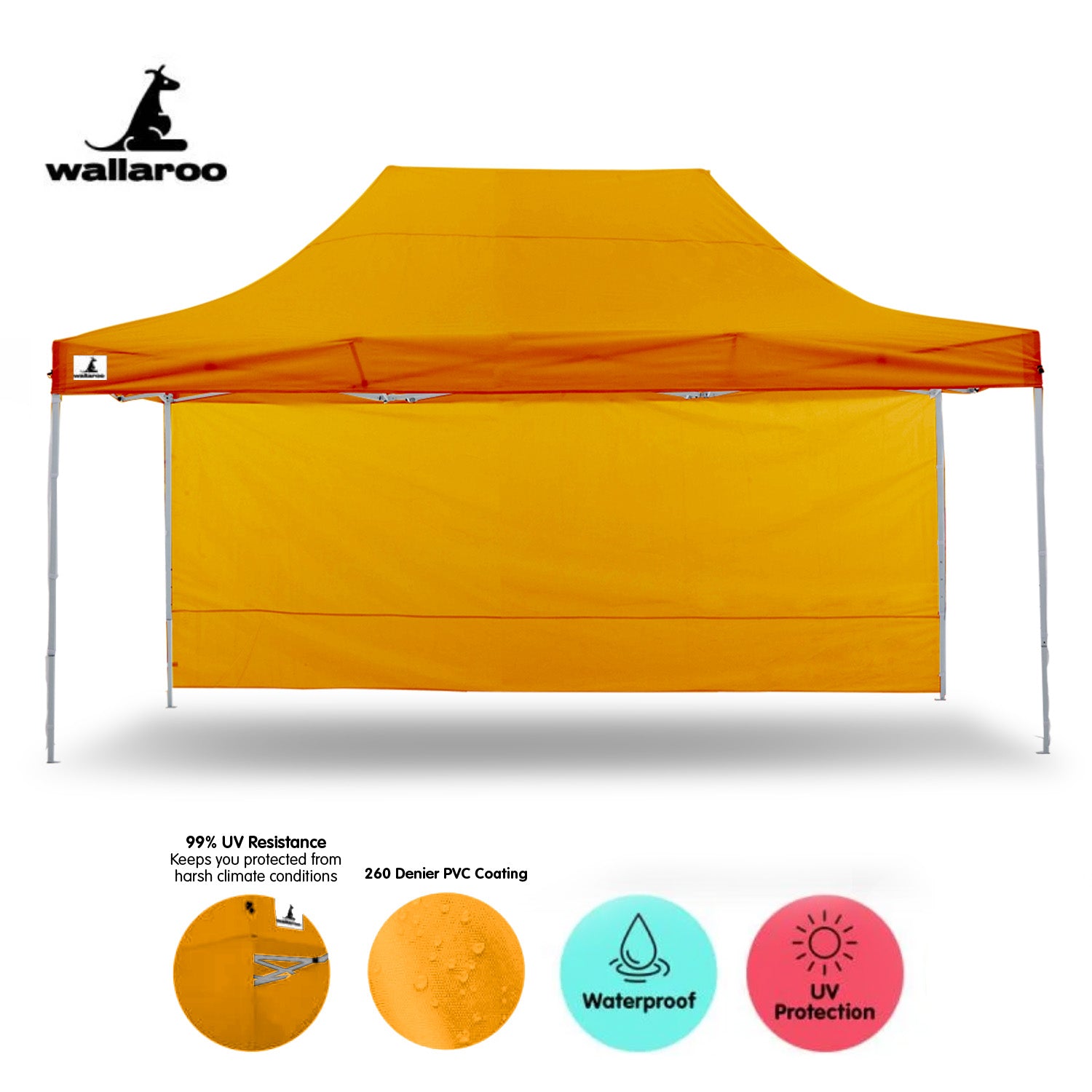 Wallaroo Gazebo Tent Marquee 3x4.5m in vibrant orange, set up outdoors with walls and sandbags for stability.