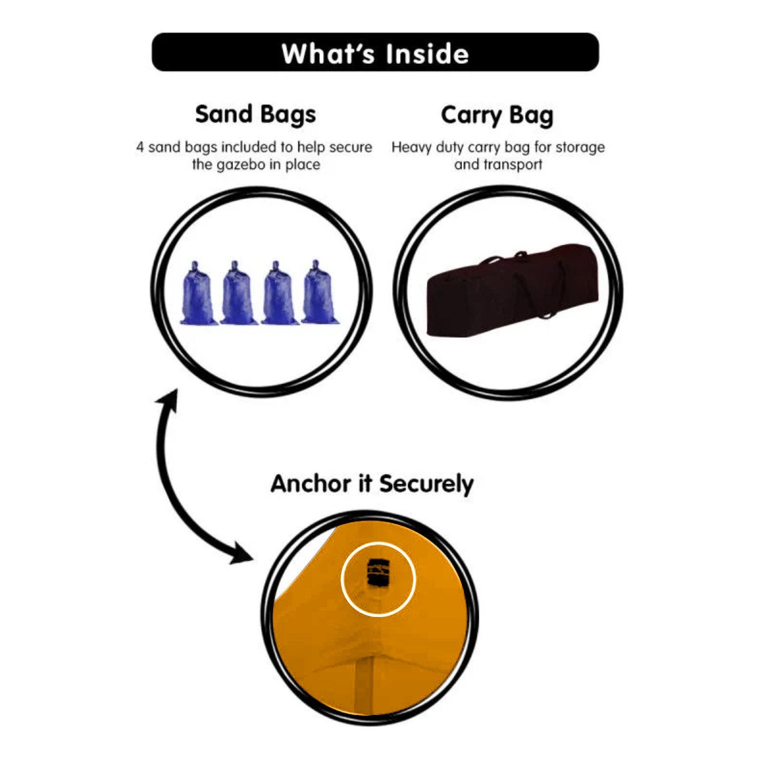 Wallaroo Gazebo Tent Marquee 3x4.5m in vibrant orange, set up outdoors with walls and sandbags for stability.