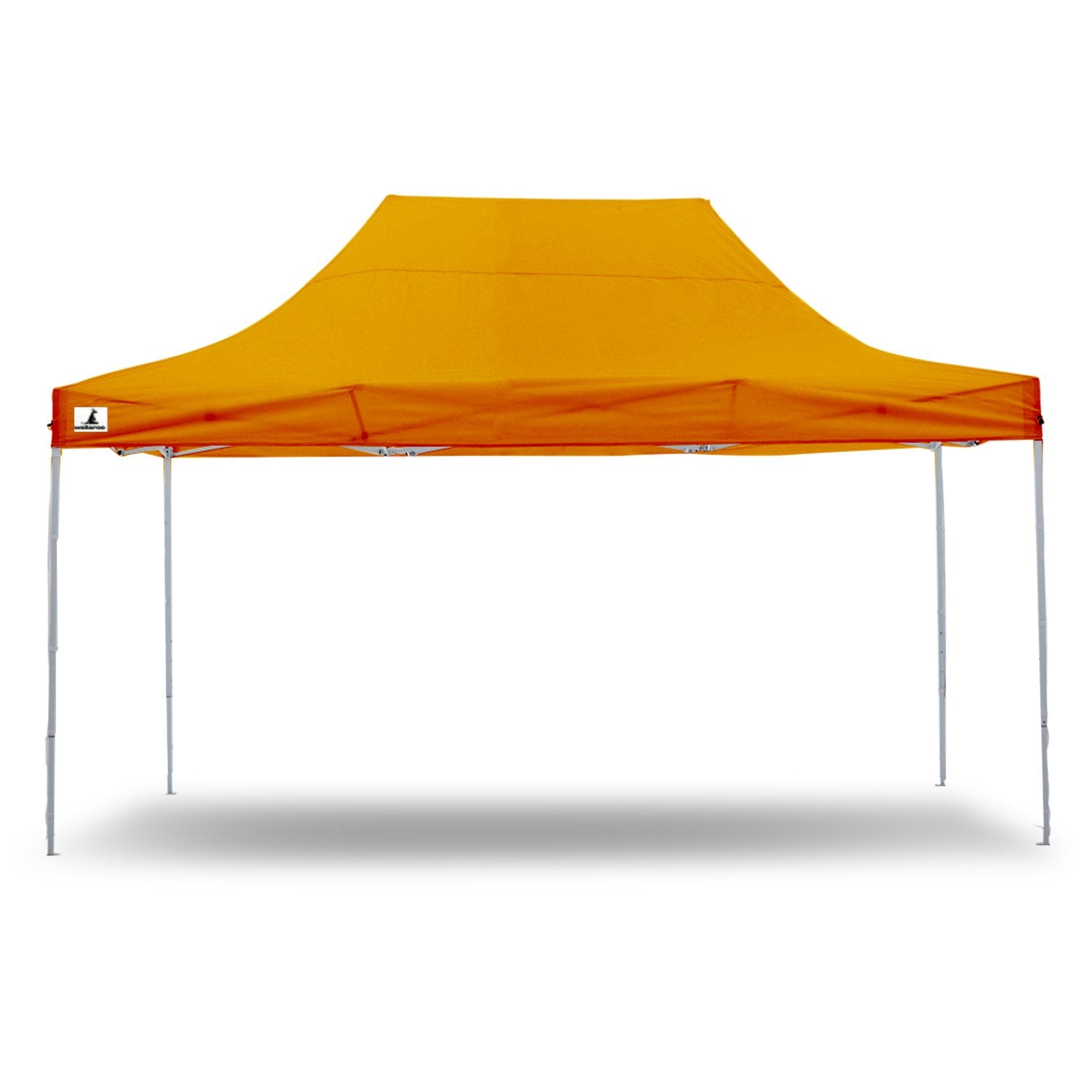 Wallaroo Gazebo Tent Marquee 3x4.5m in vibrant orange, set up outdoors with walls and sandbags for stability.
