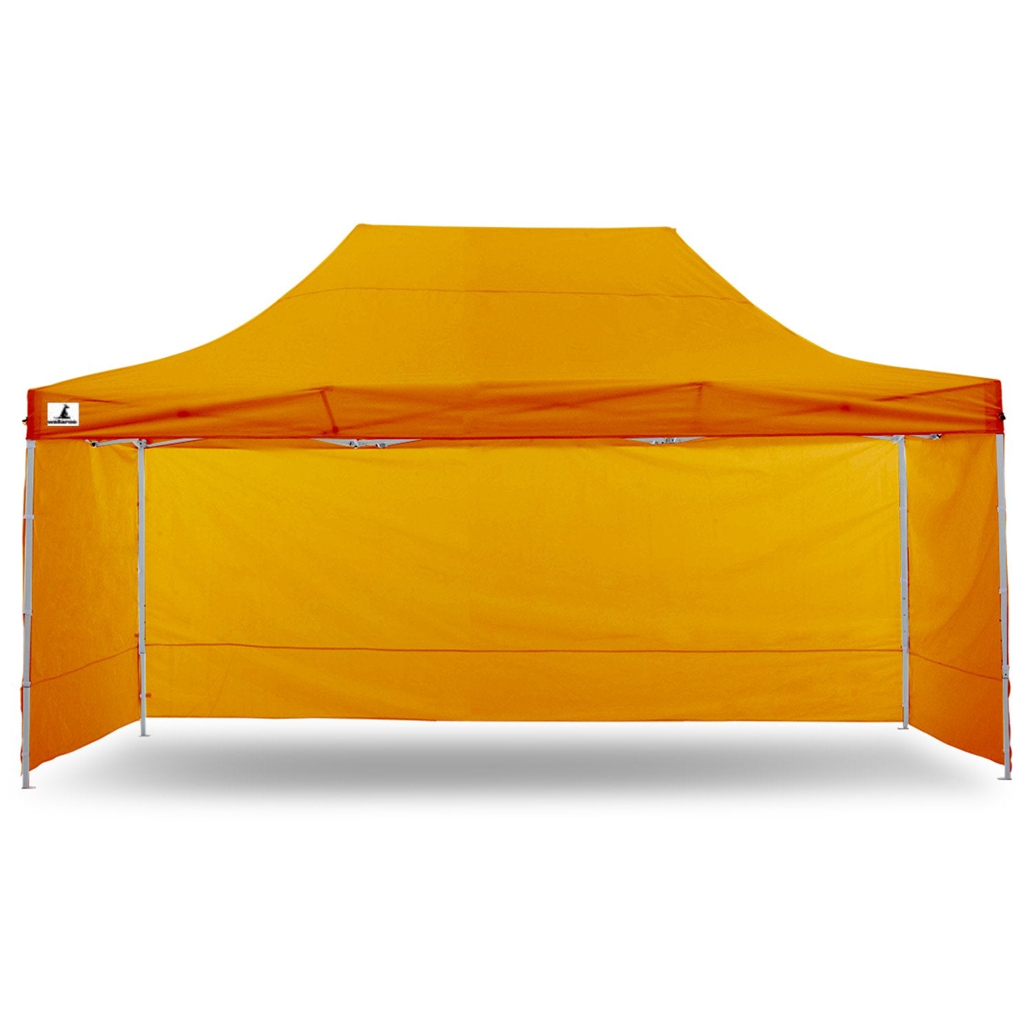 Wallaroo Gazebo Tent Marquee 3x4.5m in vibrant orange, set up outdoors with walls and sandbags for stability.