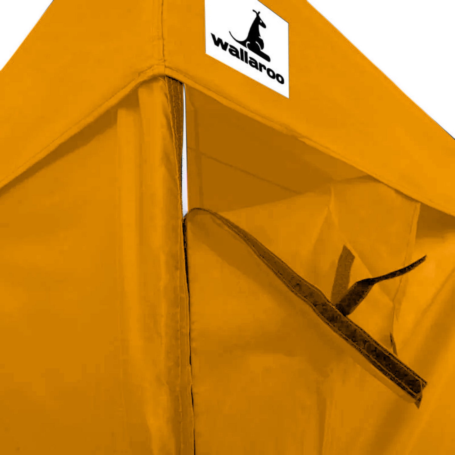Wallaroo Gazebo Tent Marquee 3x4.5m in vibrant orange, set up outdoors with walls and sandbags for stability.
