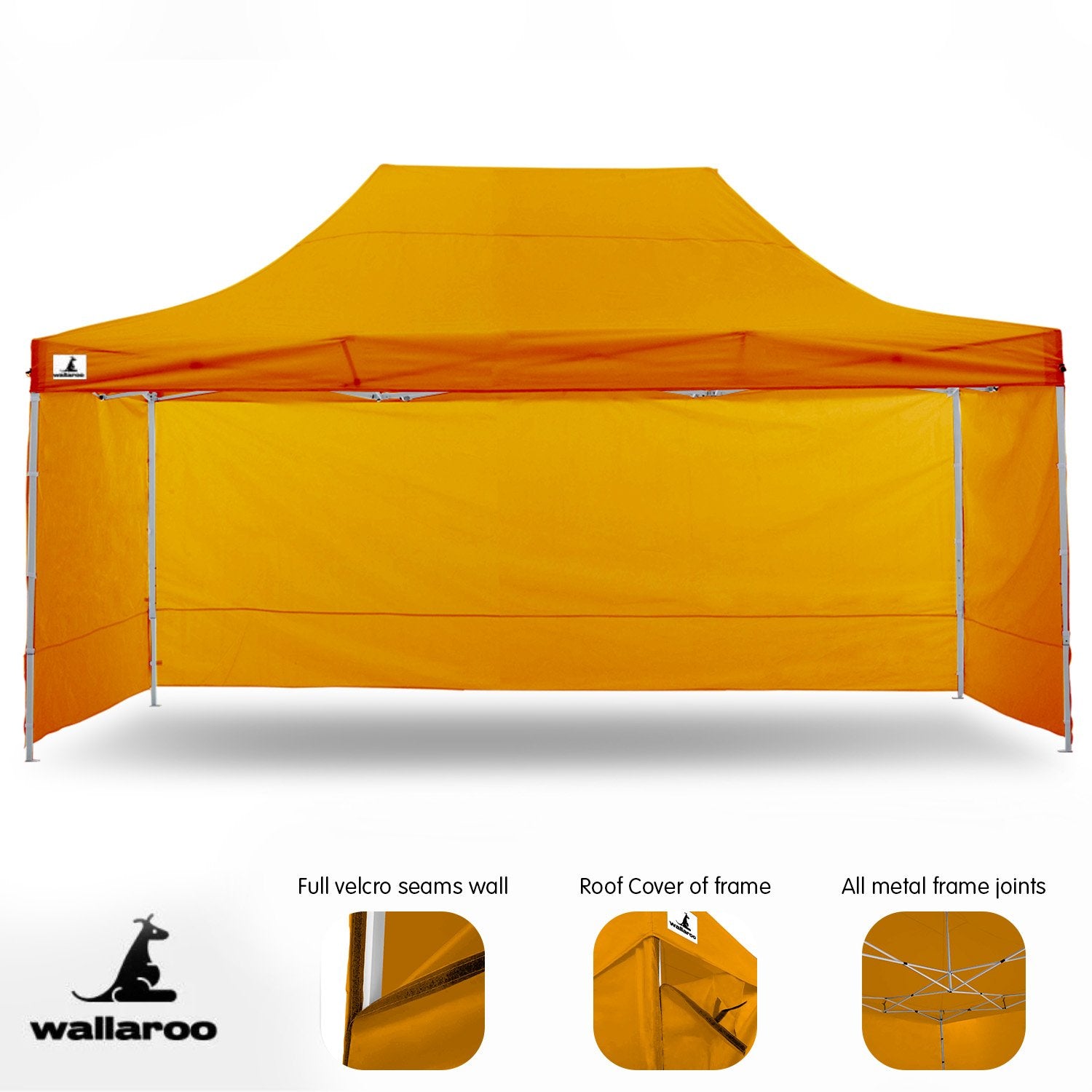 Wallaroo Gazebo Tent Marquee 3x4.5m in vibrant orange, set up outdoors with walls and sandbags for stability.
